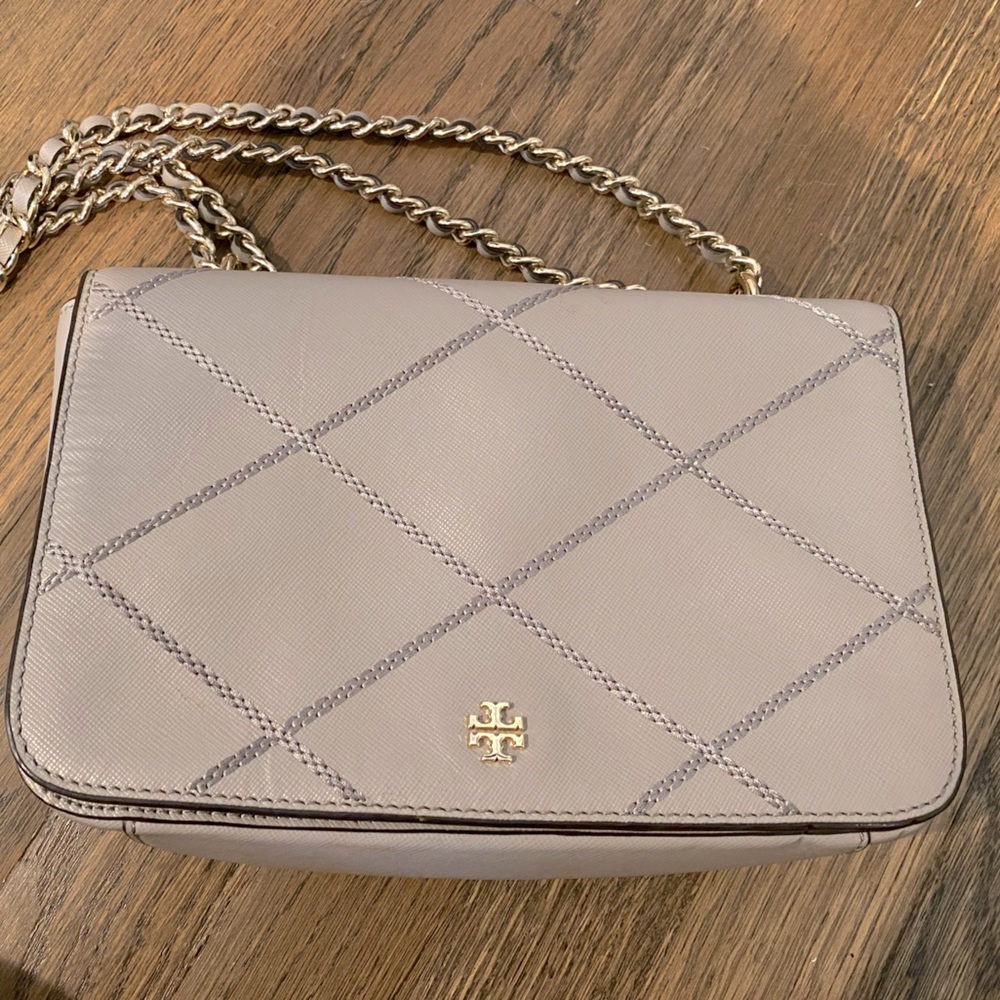 Tory Burch Quilted Crossbody Bag in Taupe with Gold Chain